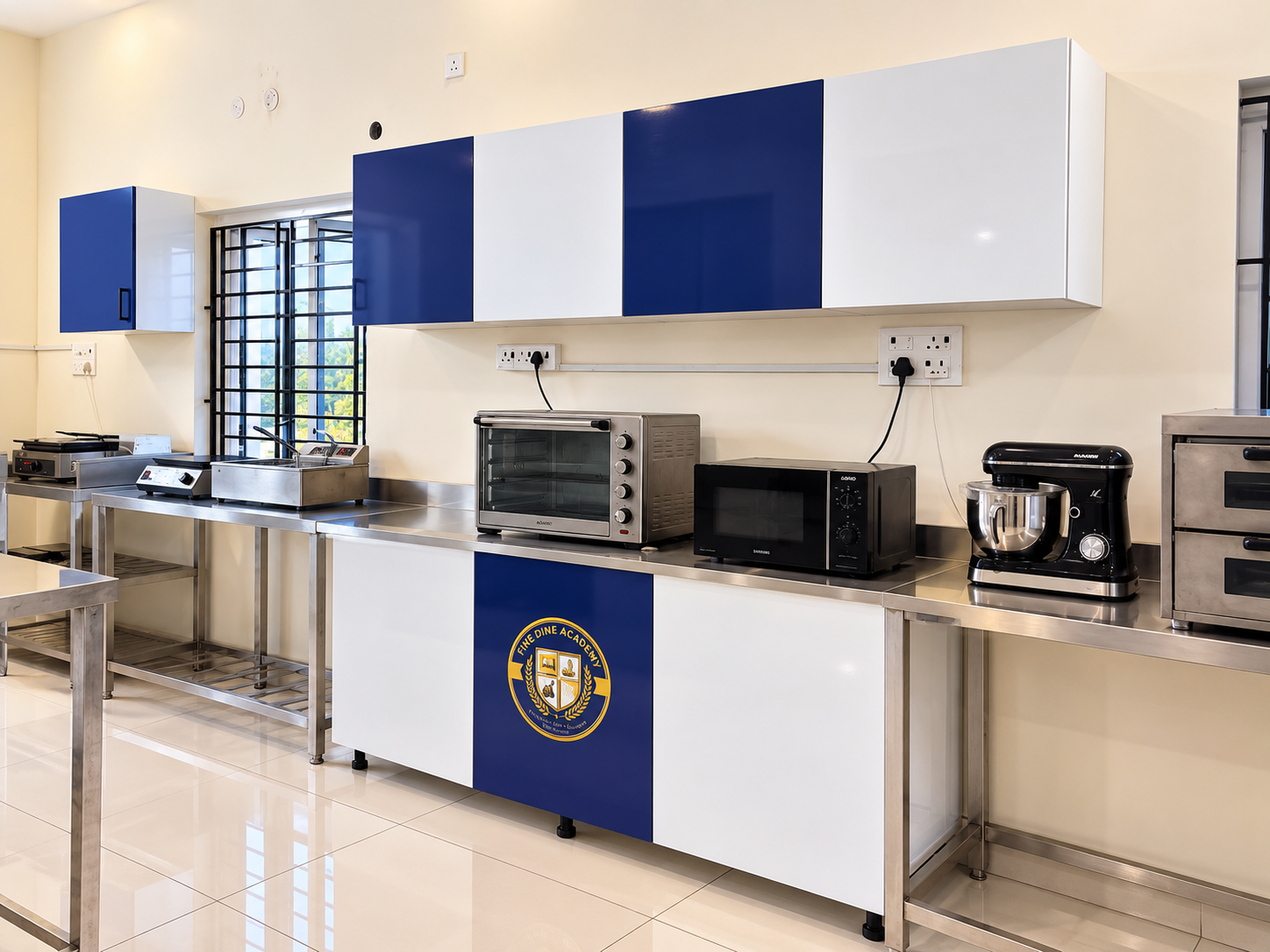 Fine Dine Academy kitchen counter with oven, microwave and stand mixer beneath branded cabinets
