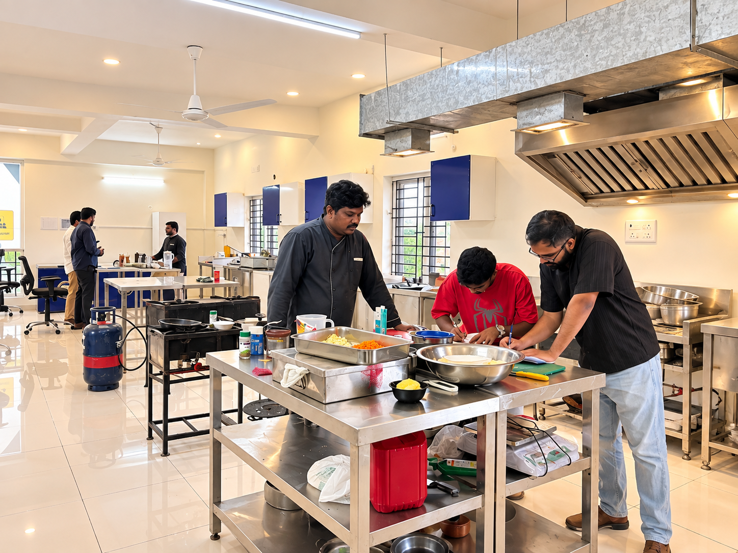 Chef instructing trainees preparing ingredients at a steel table in the Fine Dine Academy kitchen